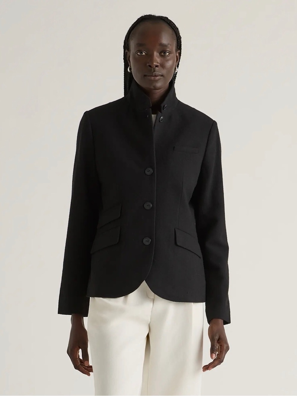Quince Black Stand-Collar Button Blazer Classic Elegant